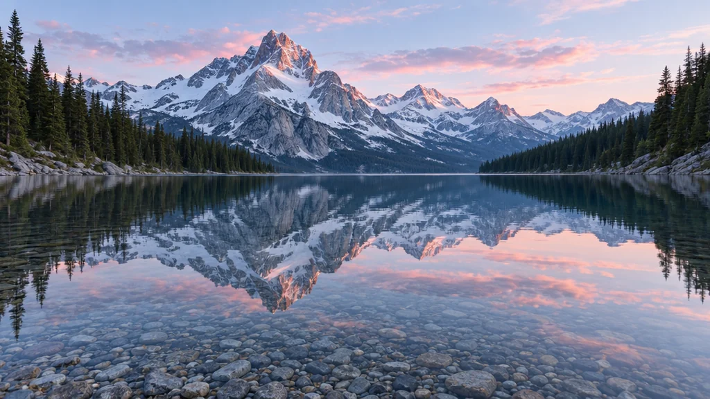 Realistic AI landscape of snow-covered mountain peaks reflected in a still alpine lake at sunrise