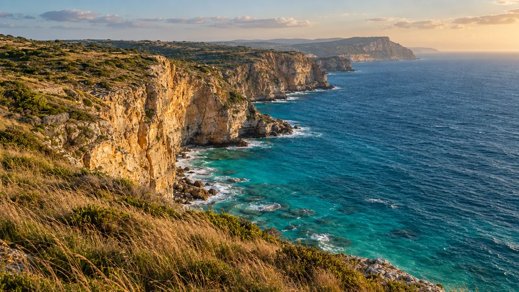 Realistic AI scenery of rugged coastal cliffs above turquoise water in warm evening light