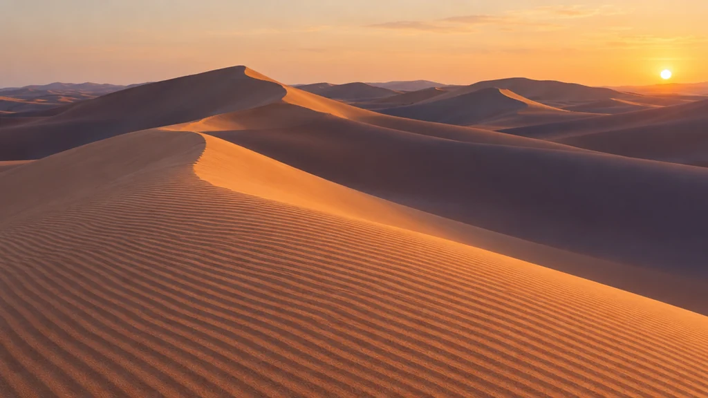 Realistic AI landscape of rippled desert dunes with warm sunlit ridges and long cool shadows