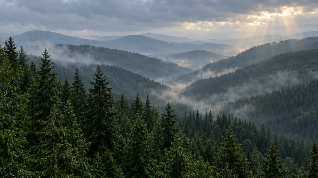 Realistic AI scenery of layered pine-covered hills disappearing into soft morning mist