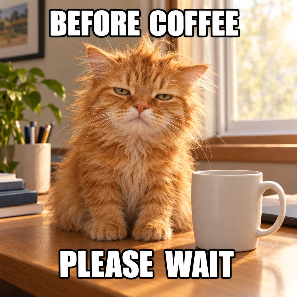 Orange Katze neben einer Tasse mit BEFORE COFFEE und PLEASE WAIT.