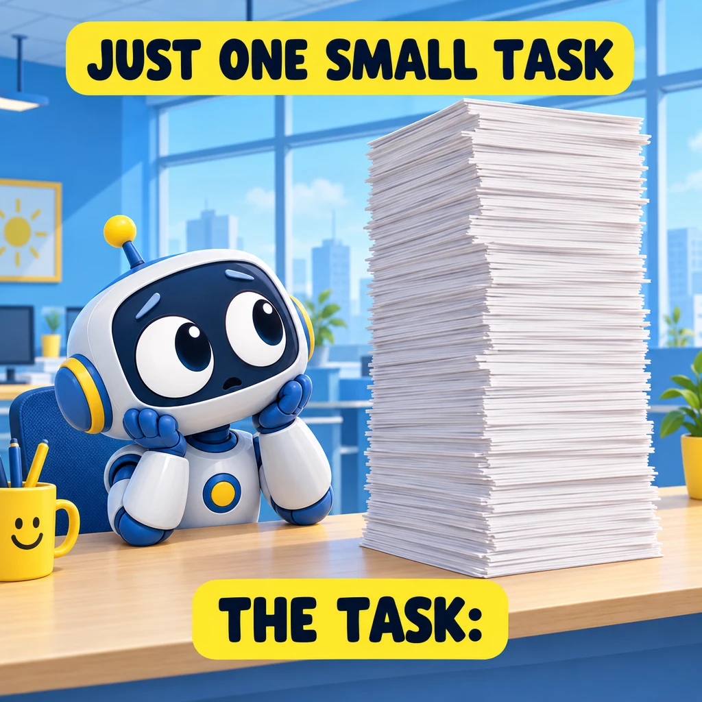 Gezeichneter Roboter vor einem riesigen Papierstapel mit JUST ONE SMALL TASK und THE TASK:.