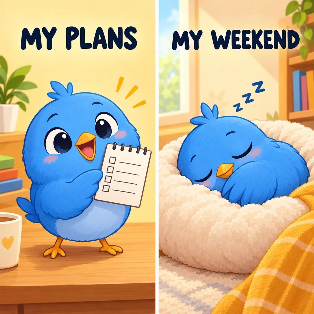Blauer Vogel mit Liste und danach schlafend in zwei Bildern mit MY PLANS und MY WEEKEND.
