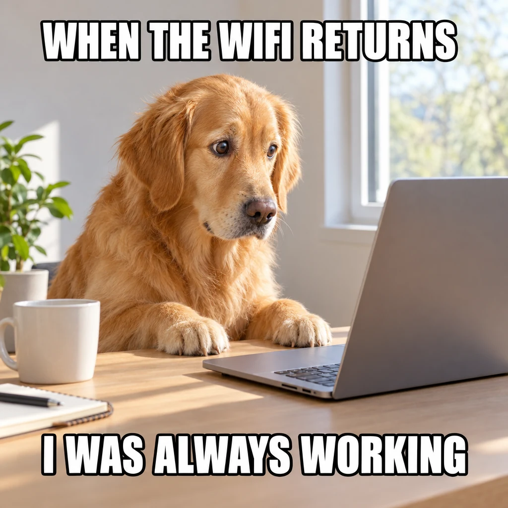 Goldfarbener Hund am Laptop mit WHEN THE WIFI RETURNS und I WAS ALWAYS WORKING.