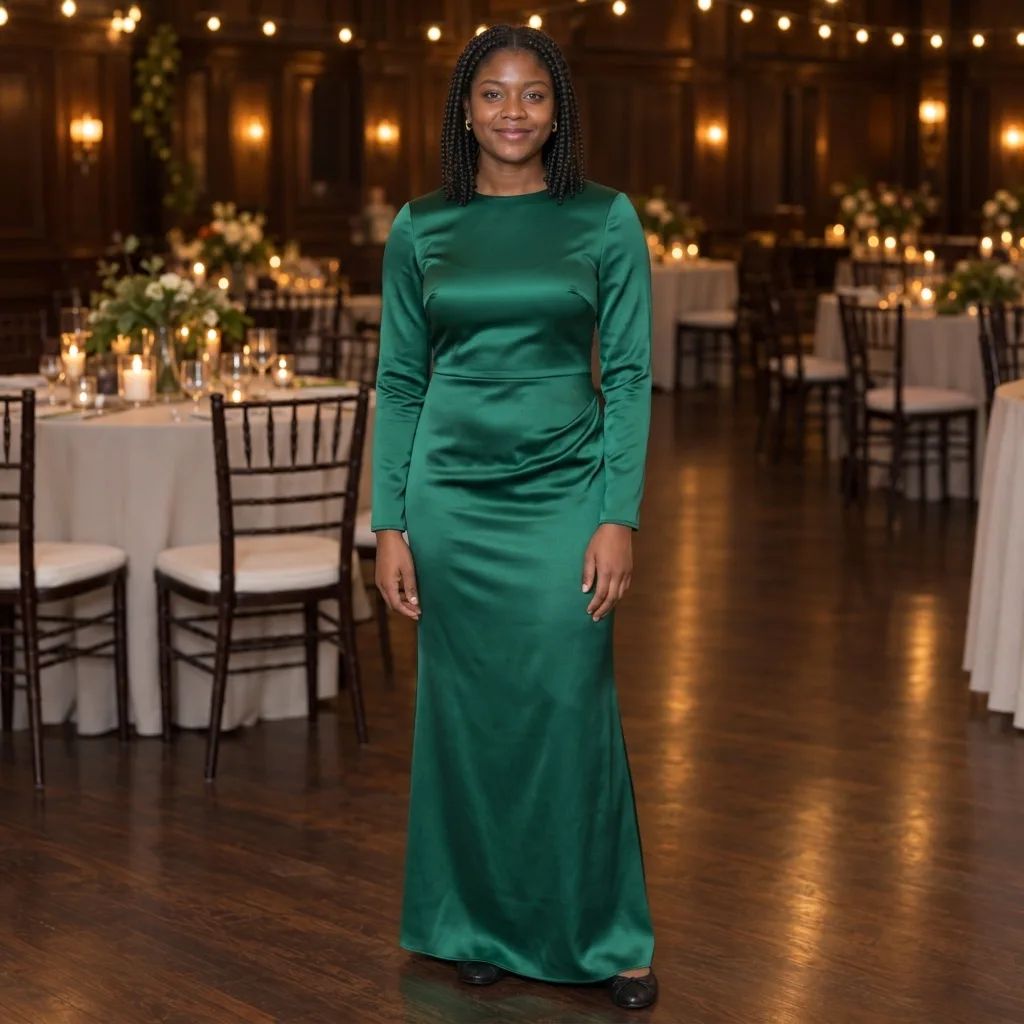 Woman wearing a floor-length emerald satin gown with long sleeves at an evening event