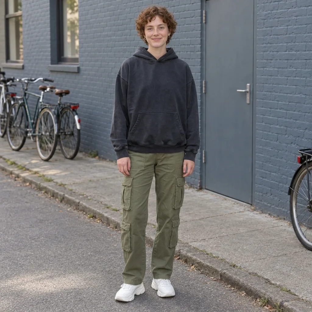 Adult in an oversized hoodie, cargo trousers and chunky sneakers on a city street