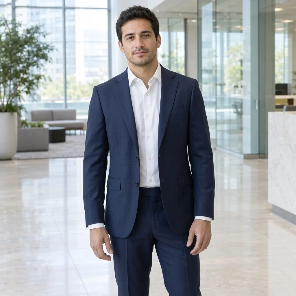 Man in his thirties wearing a navy tailored suit and an open-collar white shirt in a bright office lobby
