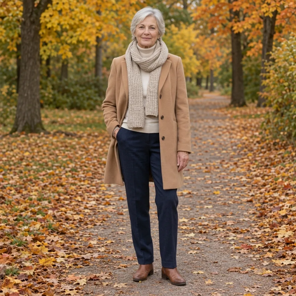 Woman in her sixties wearing a camel wool coat, knit scarf, turtleneck and ankle boots in an autumn park