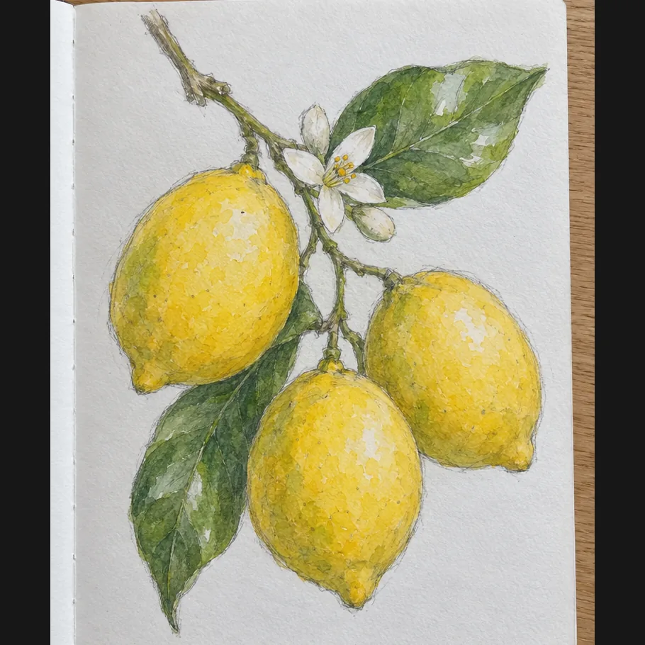 Foto de una página de un cuaderno de bocetos: un boceto a lápiz y acuarela de tres limones amarillos en una ramita con dos hojas y una flor blanca.