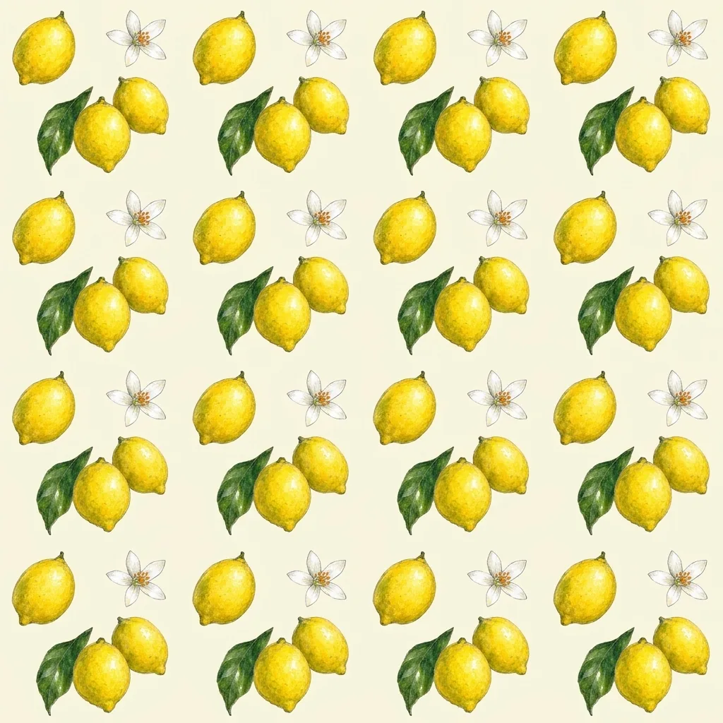 Estampado integral de limones amarillos de estilo acuarela, hojas verdes y flores blancas, repetidos en filas rectas sobre un fondo crema liso.