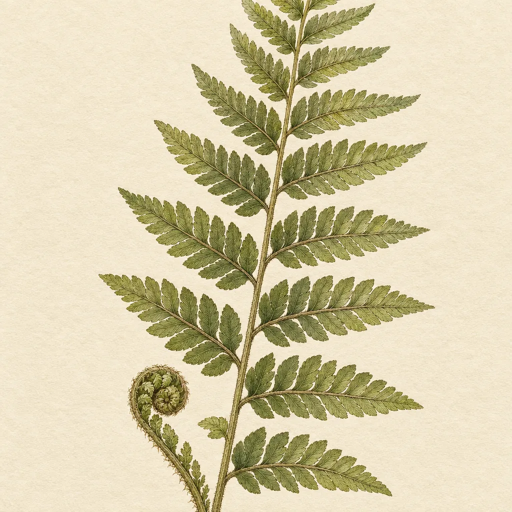 Botanical illustration of a fern frond in fine ink lines and soft green wash on cream paper, with no labels