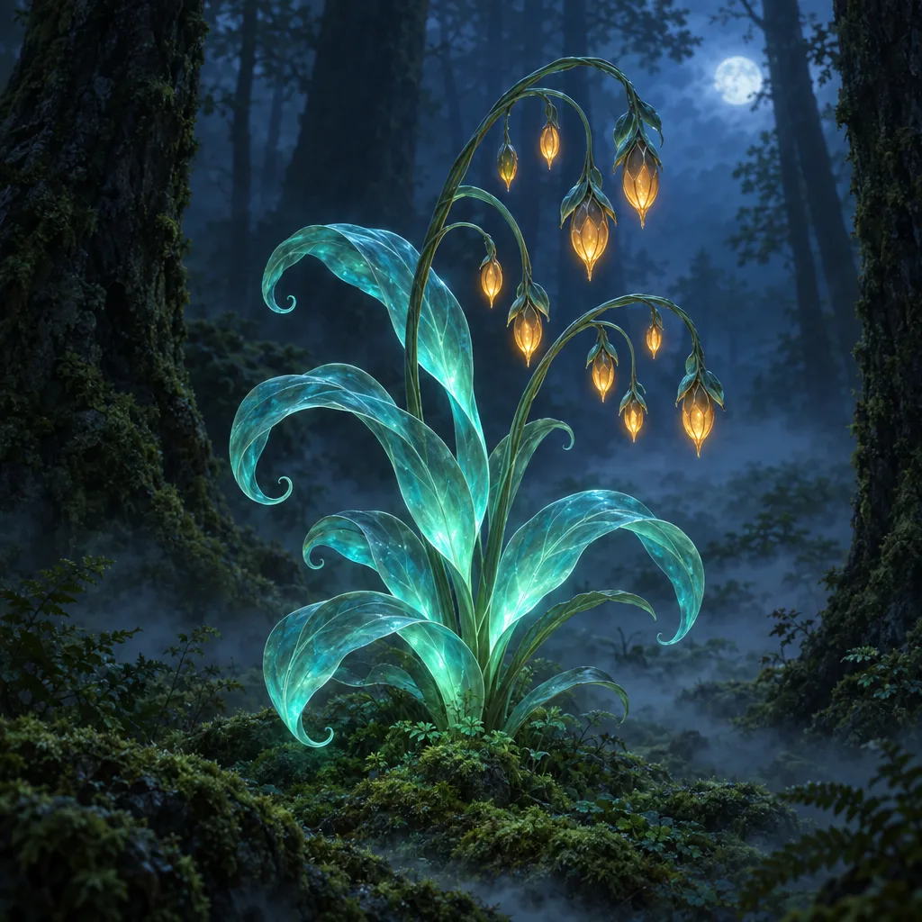 Invented plant with translucent glowing leaves in a misty forest at night, painted as concept art