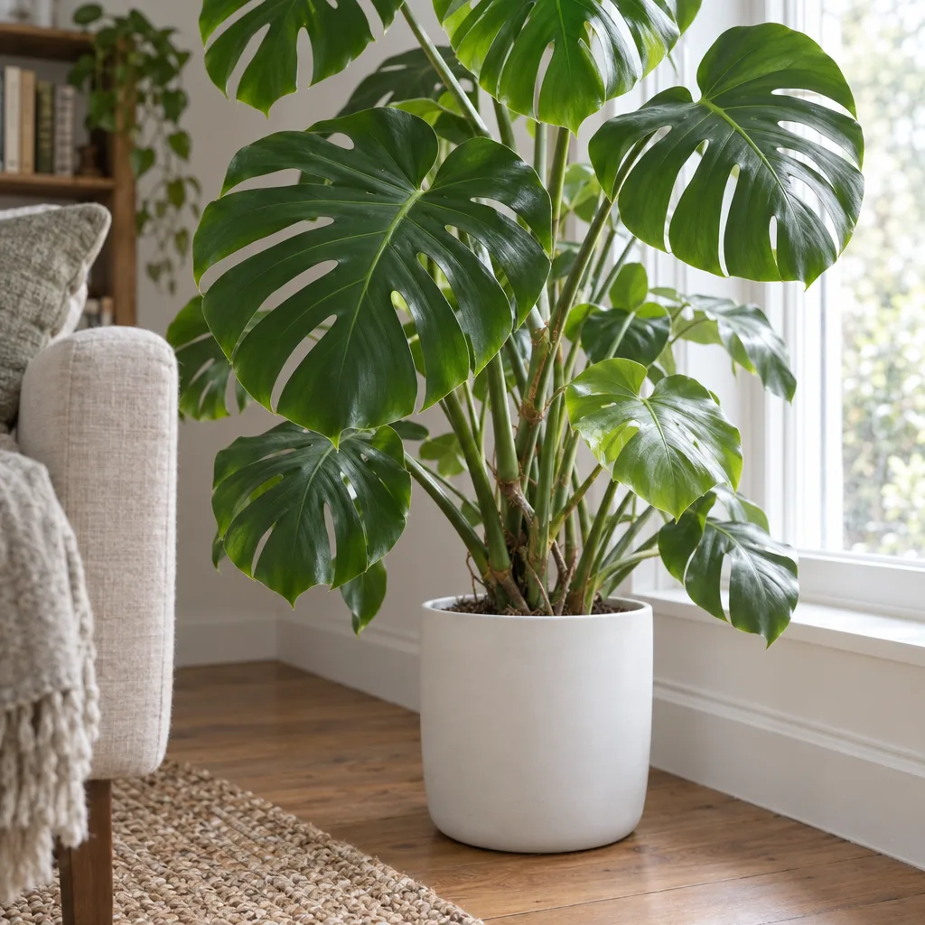 Monstera with large split leaves in a matte ceramic pot beside a bright window in a lived-in room