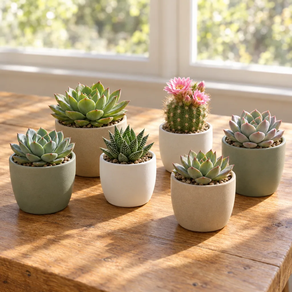 Small succulents and a flowering cactus in matte ceramic pots on a sunlit wooden table