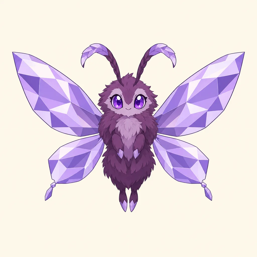 Purple moth-like creature with four faceted lavender crystal wings and two curved antennae