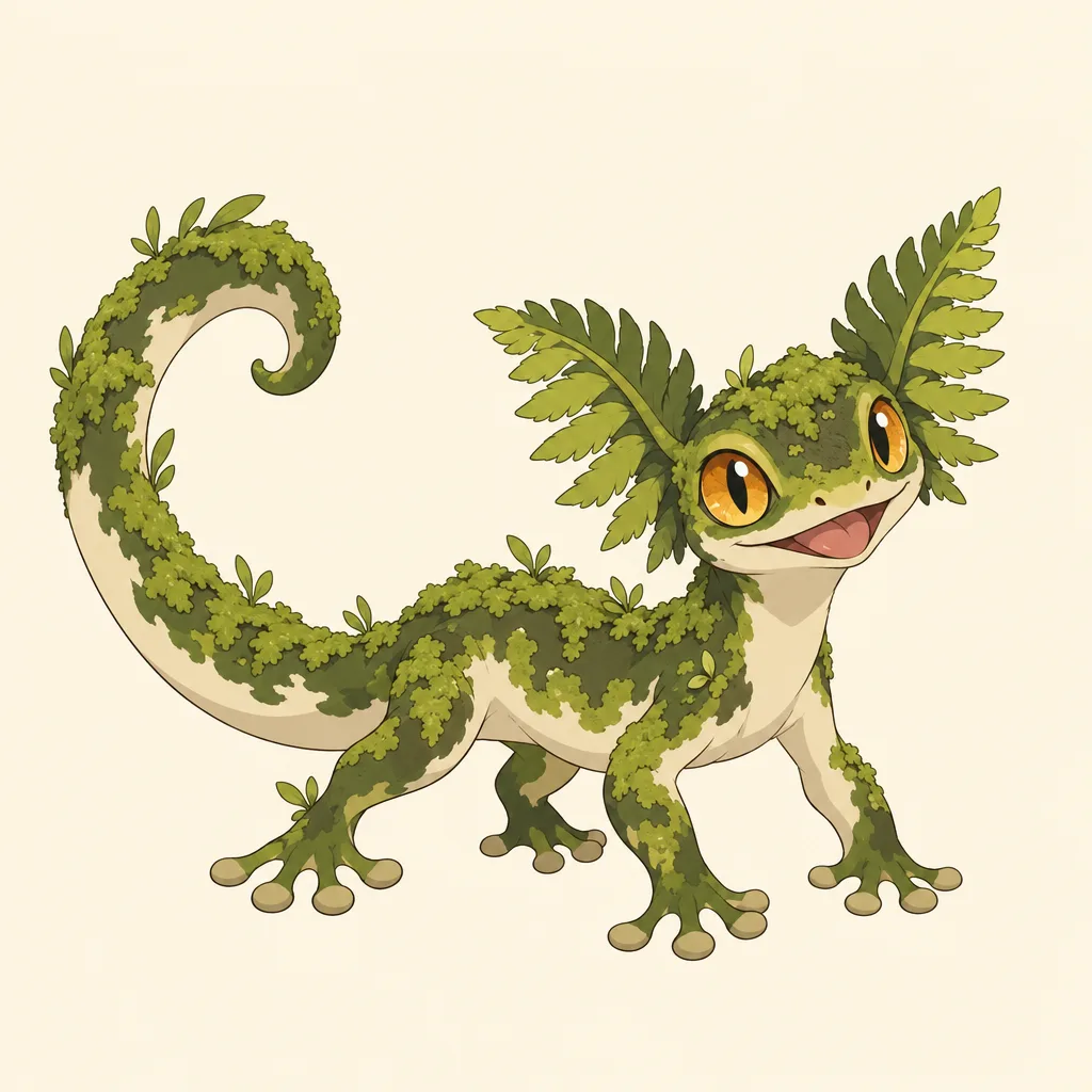 Original Fakemon-style green gecko with fern-shaped ears, amber eyes and a curled mossy tail