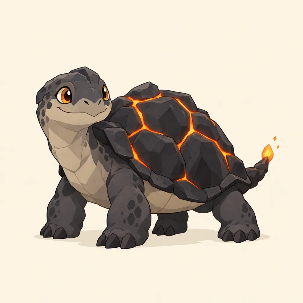 Dark tortoise-like creature with glowing orange shell cracks, four sturdy legs and a small ember at its tail