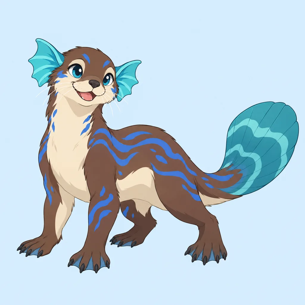 Brown otter-like fantasy creature with turquoise fin-shaped ears, blue markings and a broad blue tail