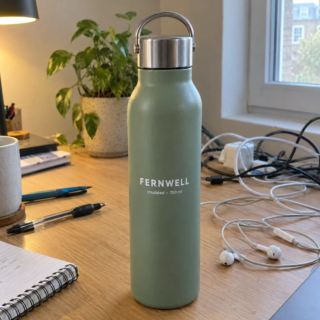 Snapshot of a sage-green FERNWELL water bottle on a cluttered desk with tangled cables, earbuds, pens and a notebook