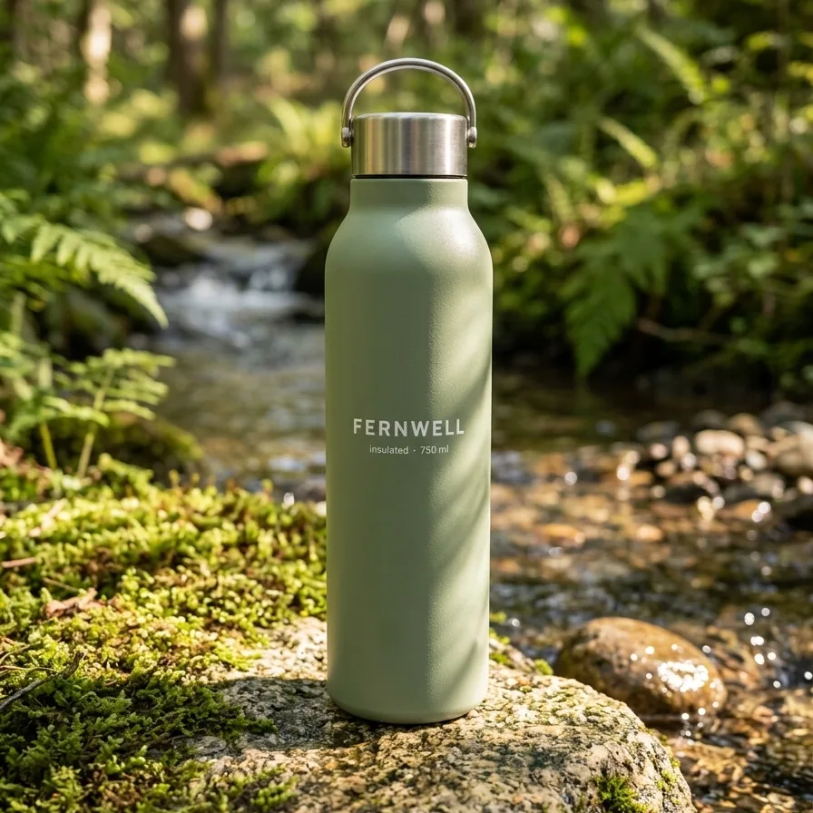 AI product photography of a sage-green FERNWELL water bottle standing on a mossy rock beside a forest stream in dappled sunlight