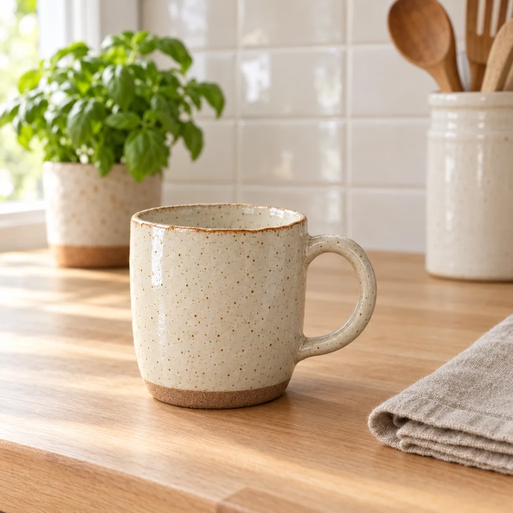 Speckled cream stoneware mug on a sunlit oak kitchen counter beside a folded linen napkin, with basil and white tiles behind