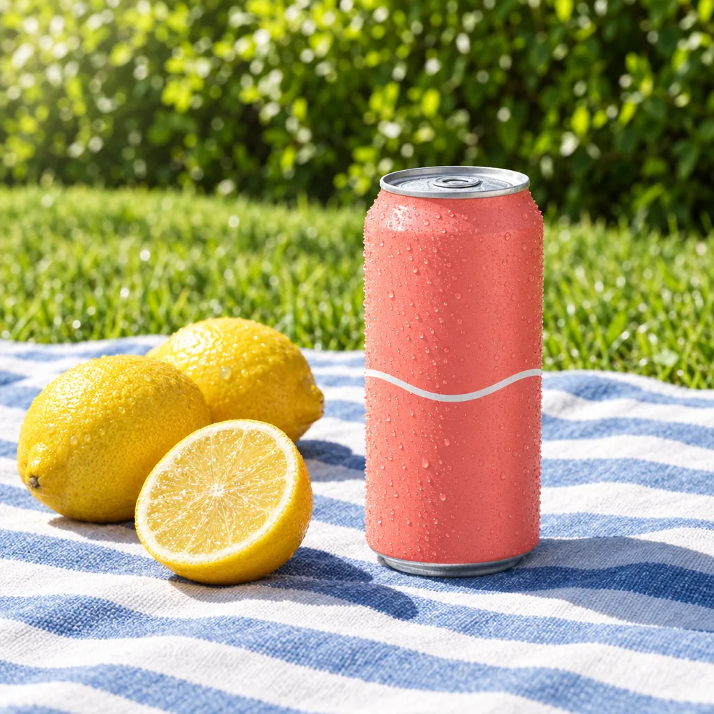 Coral-pink drink can beaded with condensation beside whole and halved lemons on a blue-and-white striped picnic blanket in bright sun