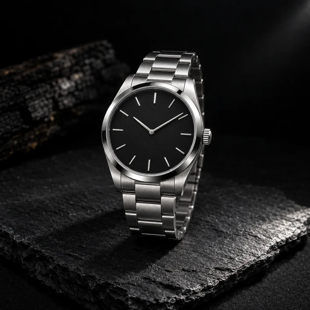 Stainless-steel watch with a plain black dial and link bracelet on dark slate, lit by one hard spotlight against deep shadow