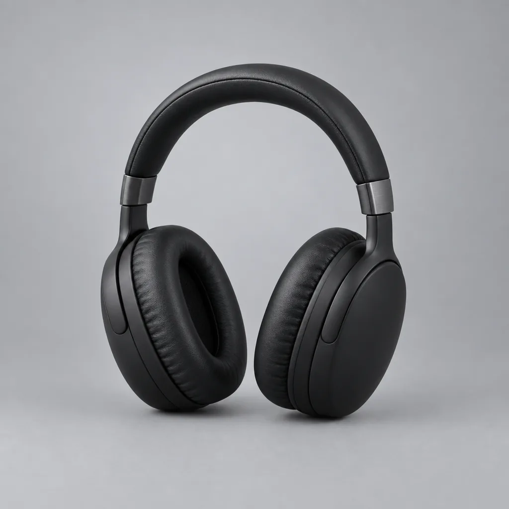 Plain matte black over-ear headphones standing upright on a light-gray seamless studio backdrop, softly lit with a gentle shadow beneath