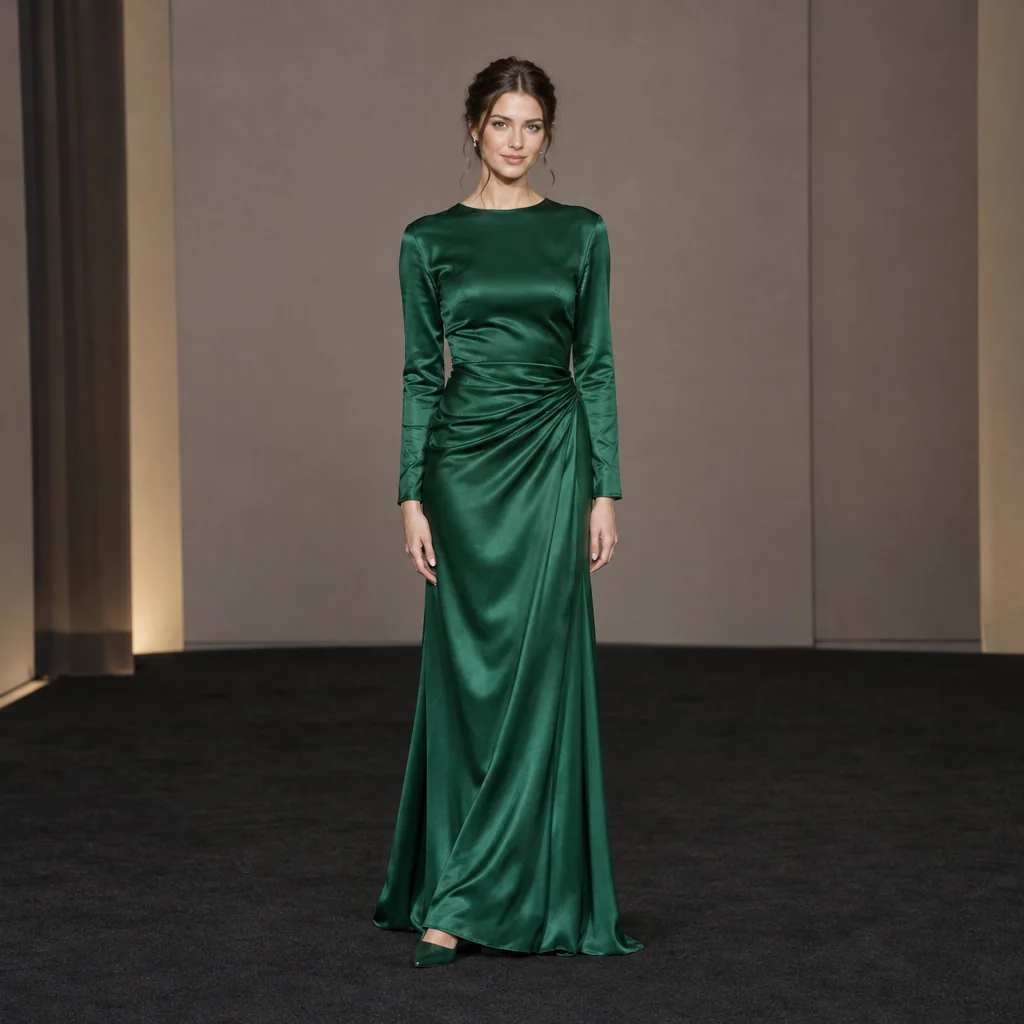 A woman in an emerald satin floor-length gown with long sleeves, a high rounded neckline and a softly draped waist, quiet premiere-style background