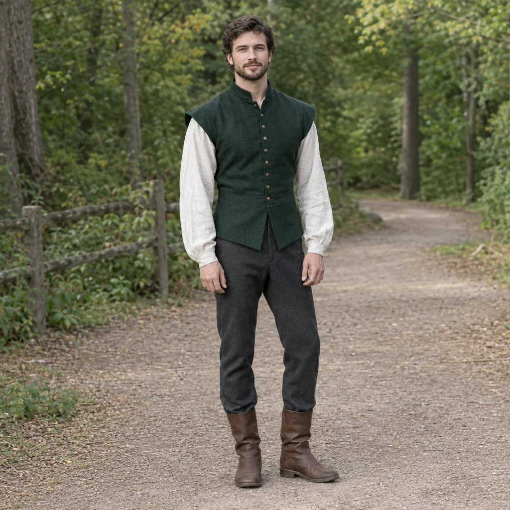 A man in a forest-green doublet over a cream long-sleeved linen shirt, charcoal trousers and plain brown boots, uncluttered outdoor fair path