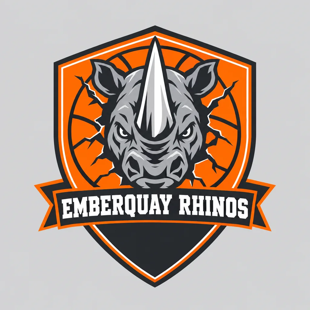 Orange and charcoal basketball shield: a fierce grey rhino head bursting through a cracked basketball, EMBERQUAY RHINOS on a charcoal banner.