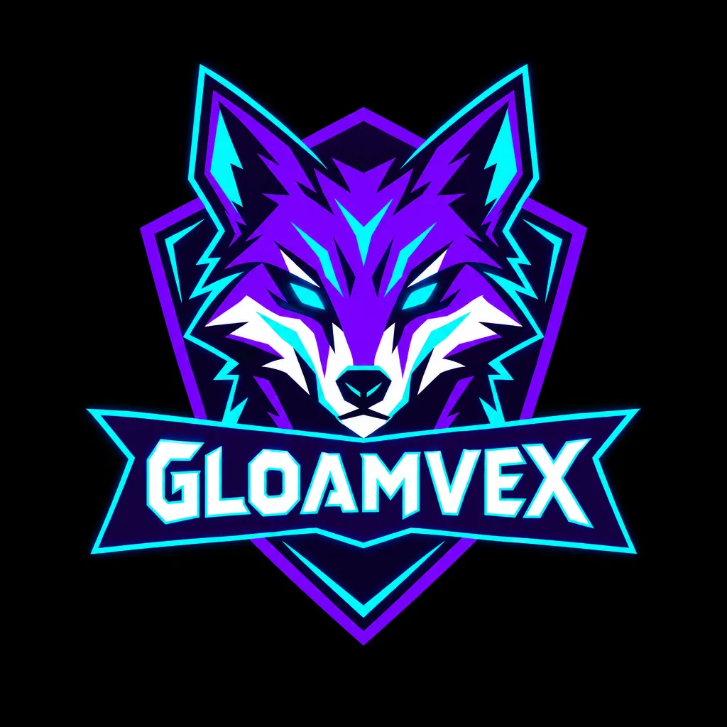 Esports emblem: an angular neon violet fox head with glowing cyan eyes in a pointed shield on black, GLOAMVEX on a banner.