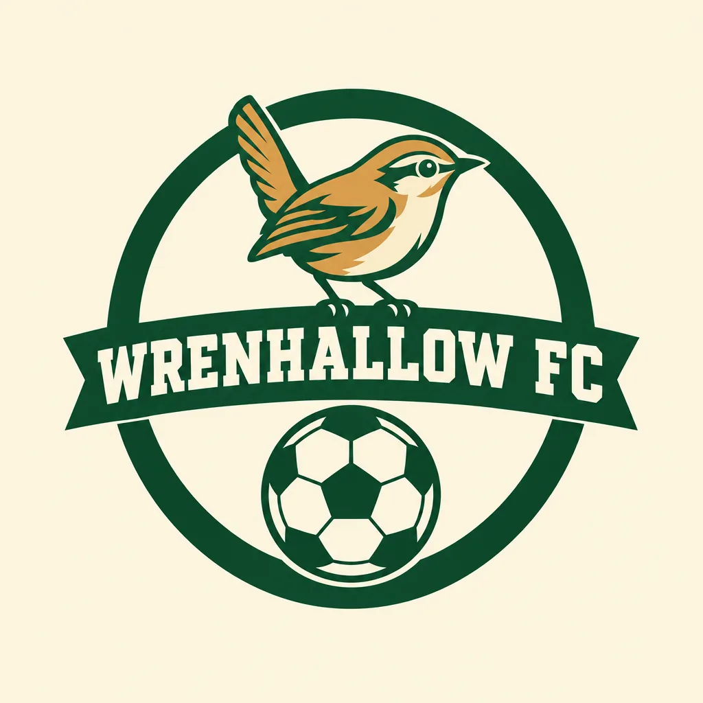Round forest-green soccer crest: a golden-tan wren perched on a banner reading WRENHALLOW FC, with a soccer ball below.