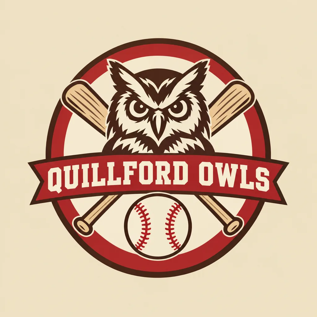Round vintage-style baseball badge: a stern brown owl over crossed bats, QUILLFORD OWLS on a brick-red banner, a baseball below.