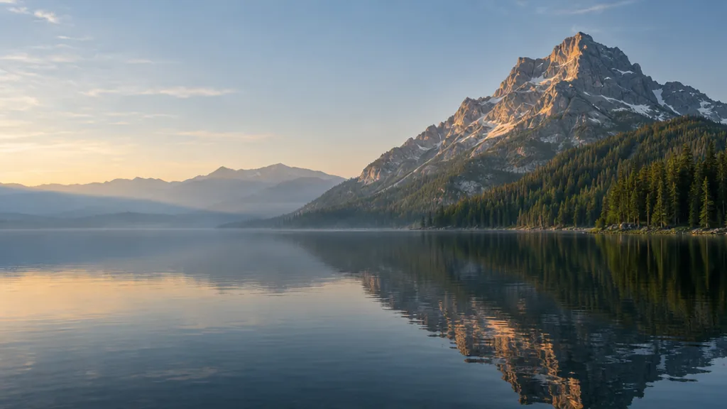 Nature desktop wallpaper with a still alpine lake and a mountain reflected in soft morning light