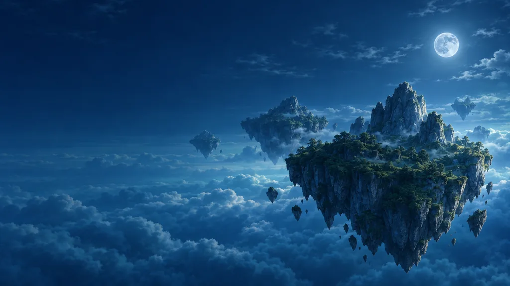 Fantasy desktop wallpaper with floating rocky islands beneath a moonlit blue sky