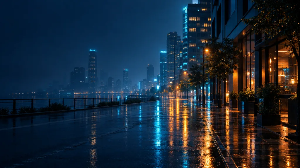 Nighttime desktop wallpaper with colored city lights reflected on a rain-soaked street