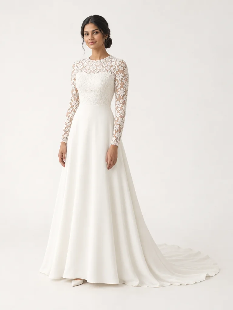 Frei erfundenes erwachsenes Model in einem elfenbeinfarbenen Kleid mit hohem Rundhalsausschnitt, langen floralen Spitzenärmeln, blickdichtem Oberteil und glattem A-Linien-Rock mit Schleppe