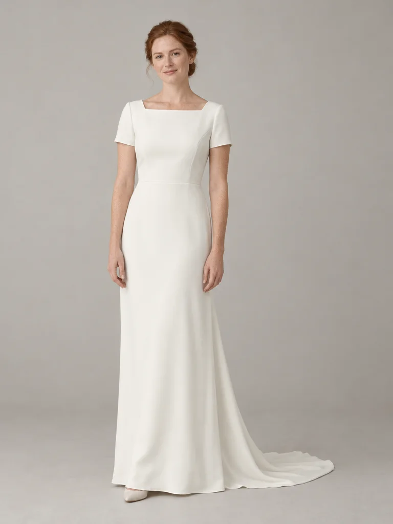 Frei erfundenes erwachsenes Model in einem elfenbeinfarbenen Kreppkleid mit gerader Silhouette, hohem eckigem Ausschnitt, kurzen Ärmeln und kleiner Schleppe