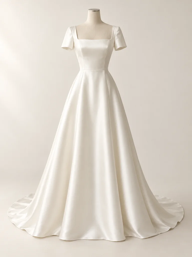 Elfenbeinfarbenes Brautkleid in A-Linie aus Satin mit quadratischem Ausschnitt und kurzen Ärmeln auf einer kopflosen Schneiderpuppe