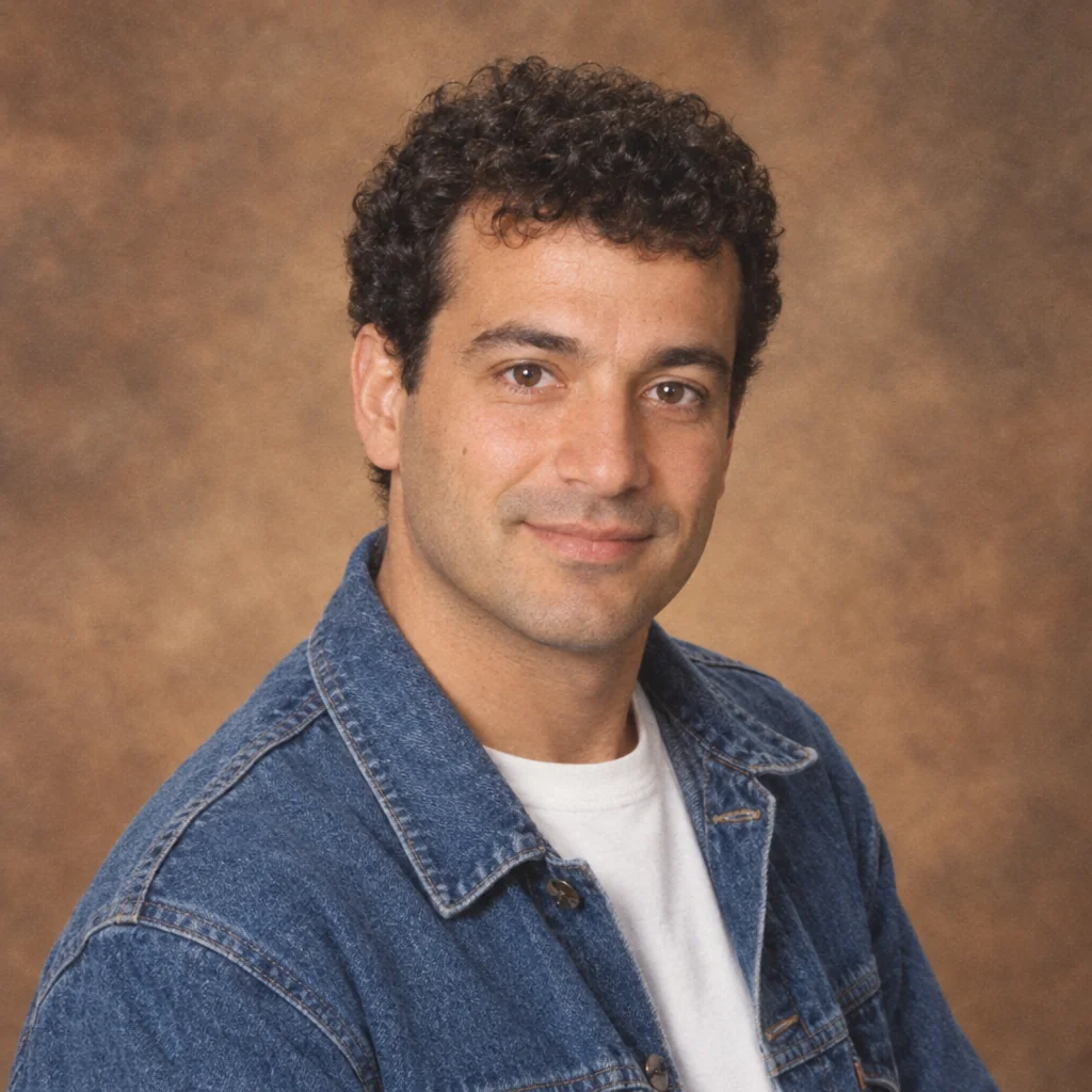 Ein Mann in einer Jeansjacke und einem weißen T-Shirt vor einem warm getönten Studiohintergrund.