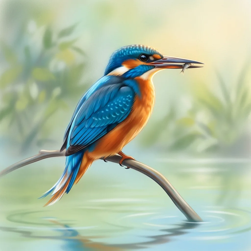 رسم بأسلوب الإيربرش لطائر رفراف أزرق وبرتقالي يمسك سمكة صغيرة بمنقاره، يجلس فوق الماء على خلفية خضراء ناعمة