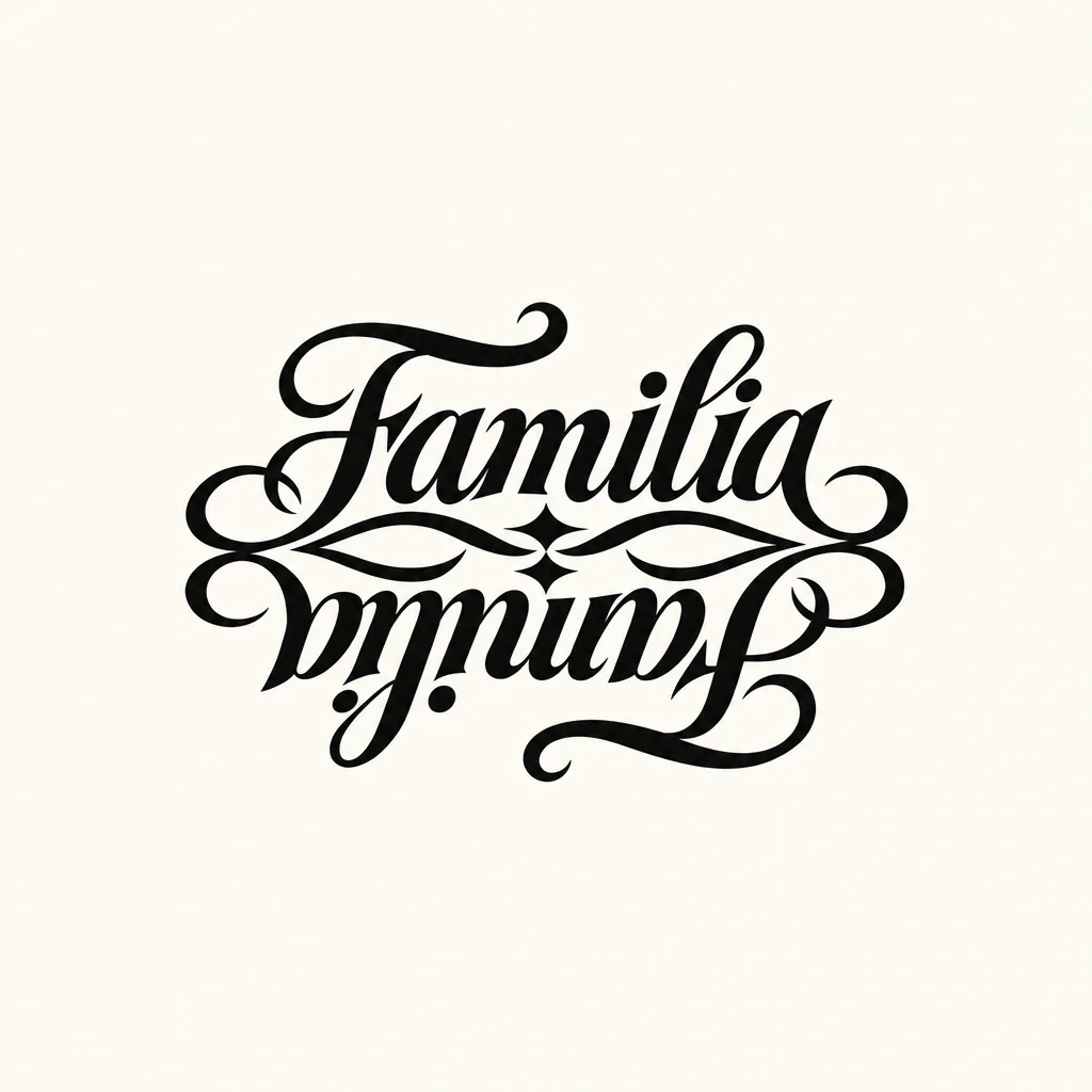Ornamental script ambigram of the word Familia with curling swashes and a small diamond flourish between the upright and upside-down rows