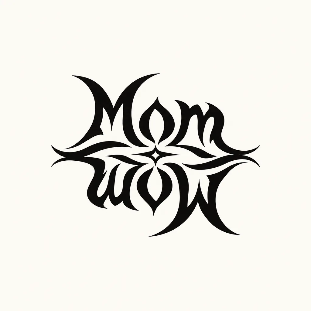 Tribal-style ambigram of the word Mom in sharp, curved black strokes, with the same word upside down beneath it