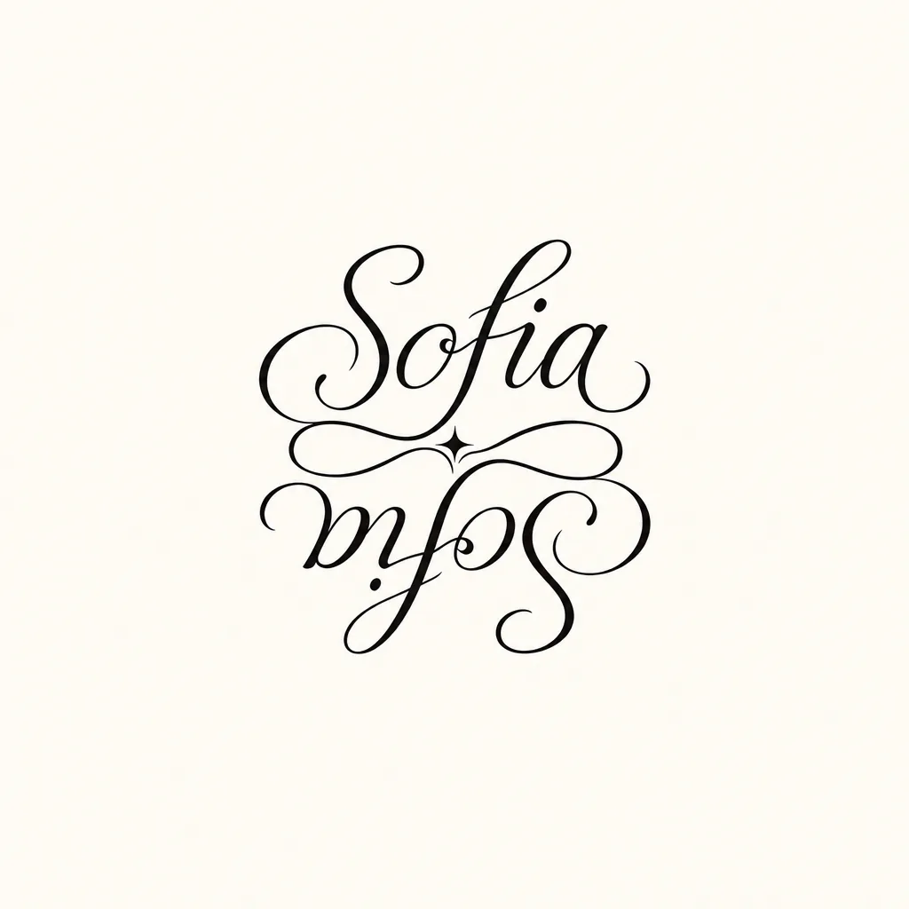 Fine line ambigram of the name Sofia in thin black script, written the right way up above the same name upside down, joined by looping swashes