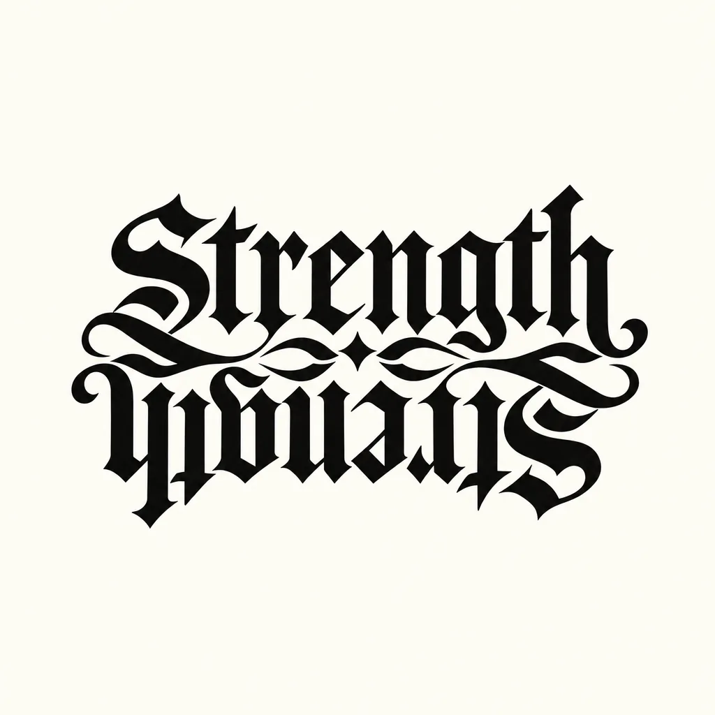 Blackletter ambigram tattoo design of the word Strength in heavy black strokes, with the same word upside down beneath it