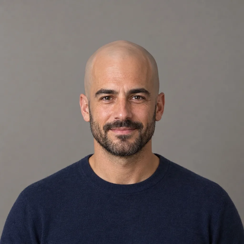 Bald filter result showing the same portrait with a shaved scalp, eyebrows and short beard