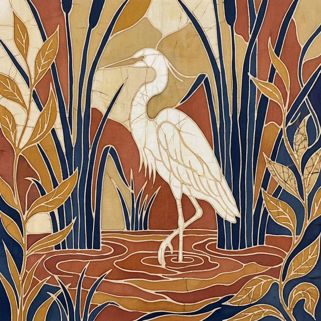 Batik artwork of a white heron standing in rust-colored water among indigo reeds and ochre leaves, with pale resist lines