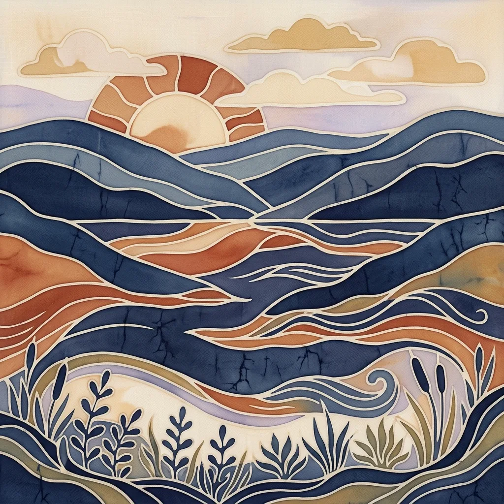 Batik landscape of layered indigo hills and flowing water below a rust-colored sun, with cream outlines and botanical motifs in the foreground