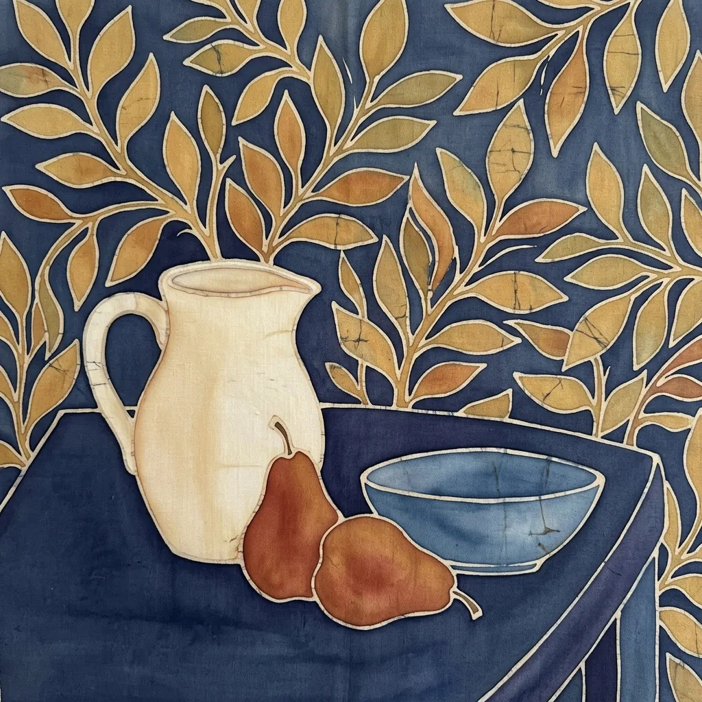 Batik still life of a cream jug, two rust-colored pears and a blue bowl on an indigo surface, with ochre botanical motifs behind them